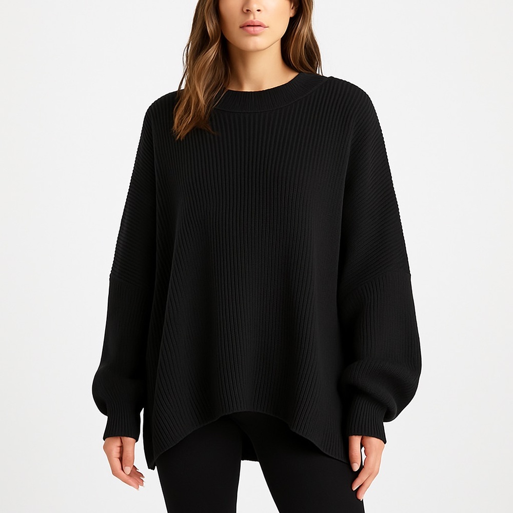 Free People oversized cozy ribbed knit slouchy pullover sweater M black